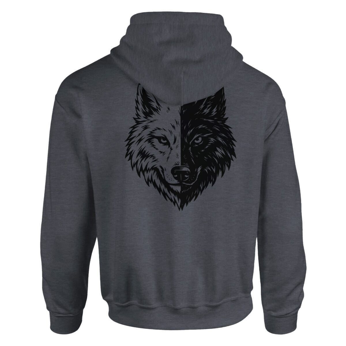 Dark Heather Hoodie - "Two Wolves Pullover Hoodie Back" by MMH Statement Apparel