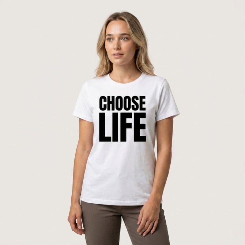 Woman wearing white T-shirt with Choose Life slogan