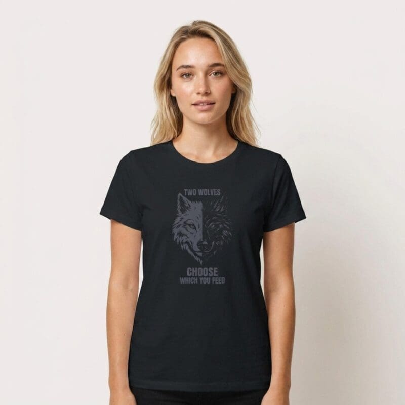 Woman wearing black T-shirt with wolf slogan