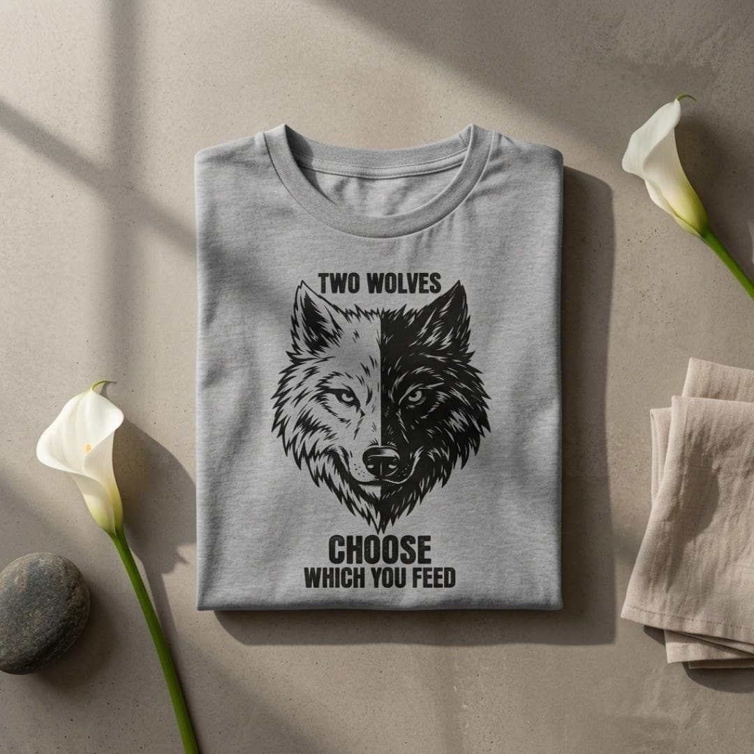 Grey T-shirt with two wolves graphic and slogan