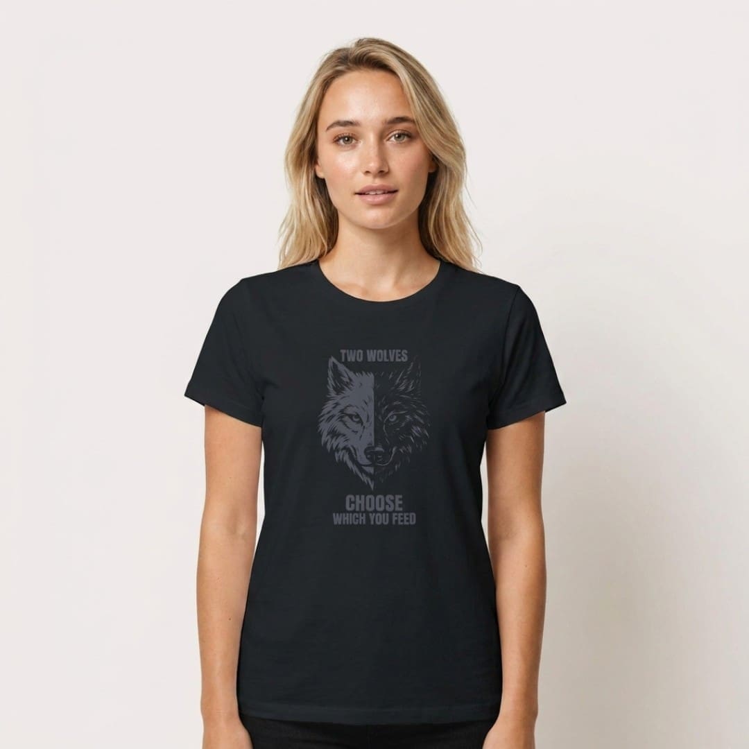 Woman wearing black T-shirt with wolf slogan