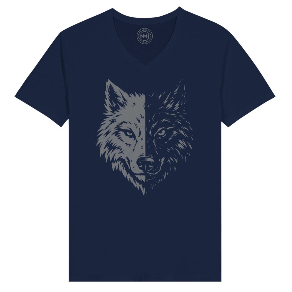 Navy T-shirt - "Two Wolves Graphic V-Neck T-Shirt" by MMH Statement Apparel