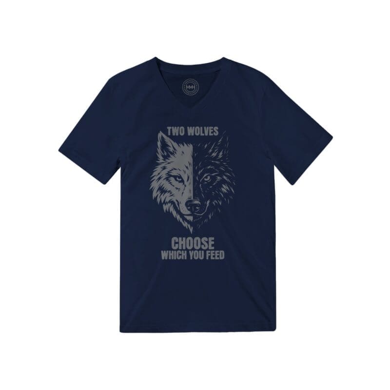 Navy T-shirt with wolf design and quote