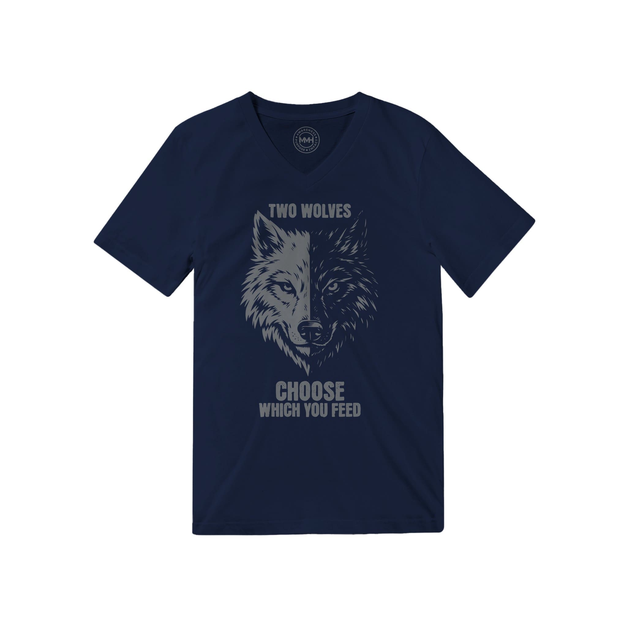 Navy T-shirt with wolf design and quote