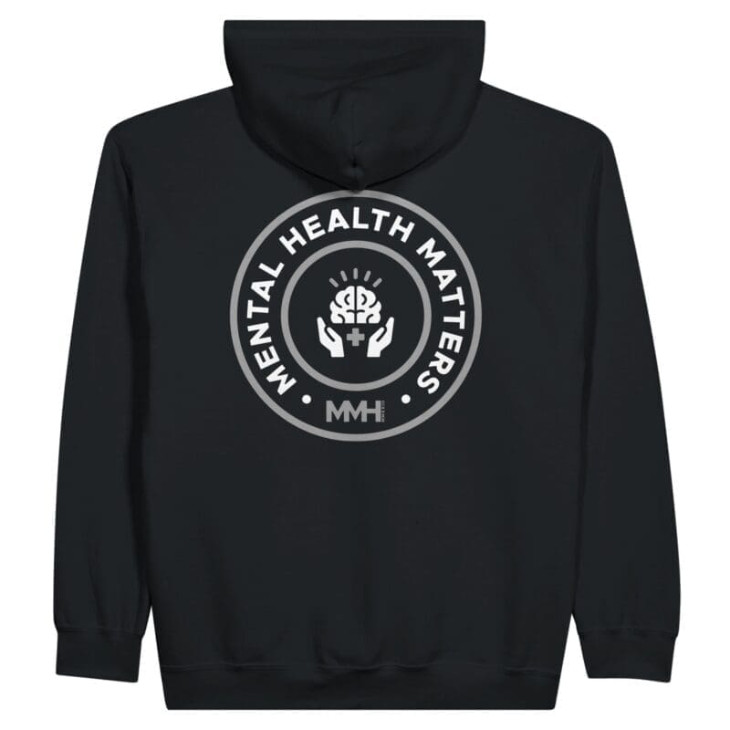 Black hoodie with Mental Health Matters logo