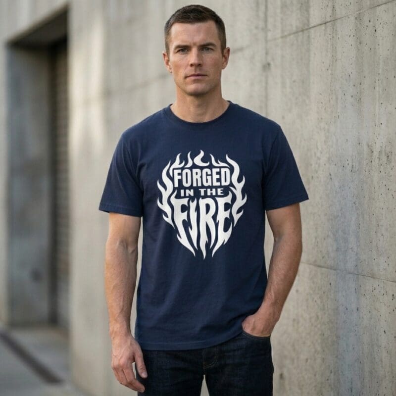 Man wearing 'Forged in the Fire' T-shirt