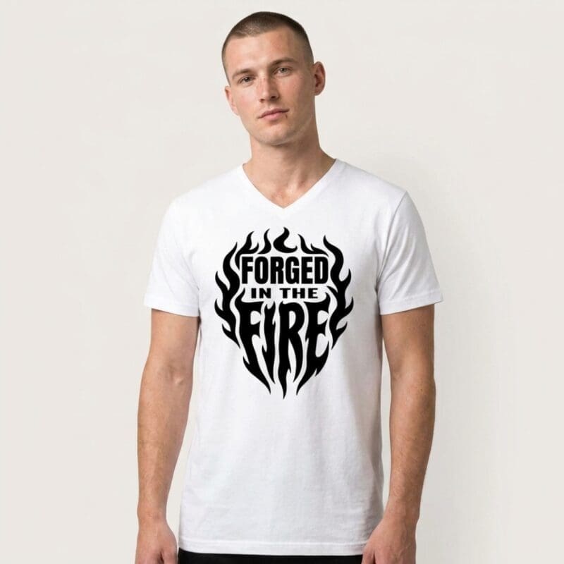 Man wearing white T-shirt reading 'Forged in the Fire'