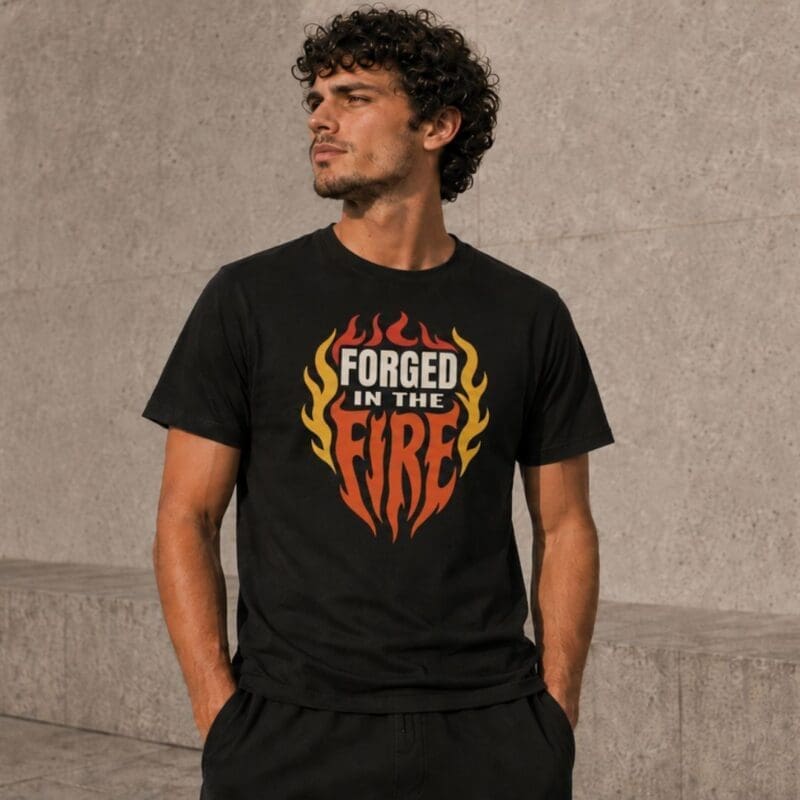 Man wearing black ‘Forged in the Fire’ T-shirt