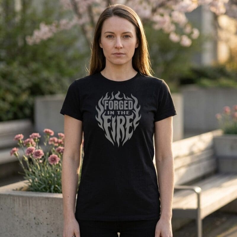 Woman wearing 'Forged in the Fire' T-shirt outdoors