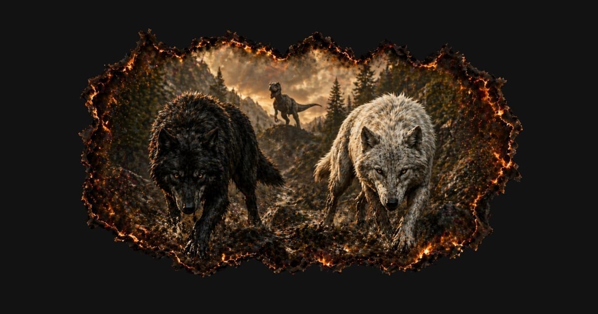 Black and white wolves with dinosaur backdrop