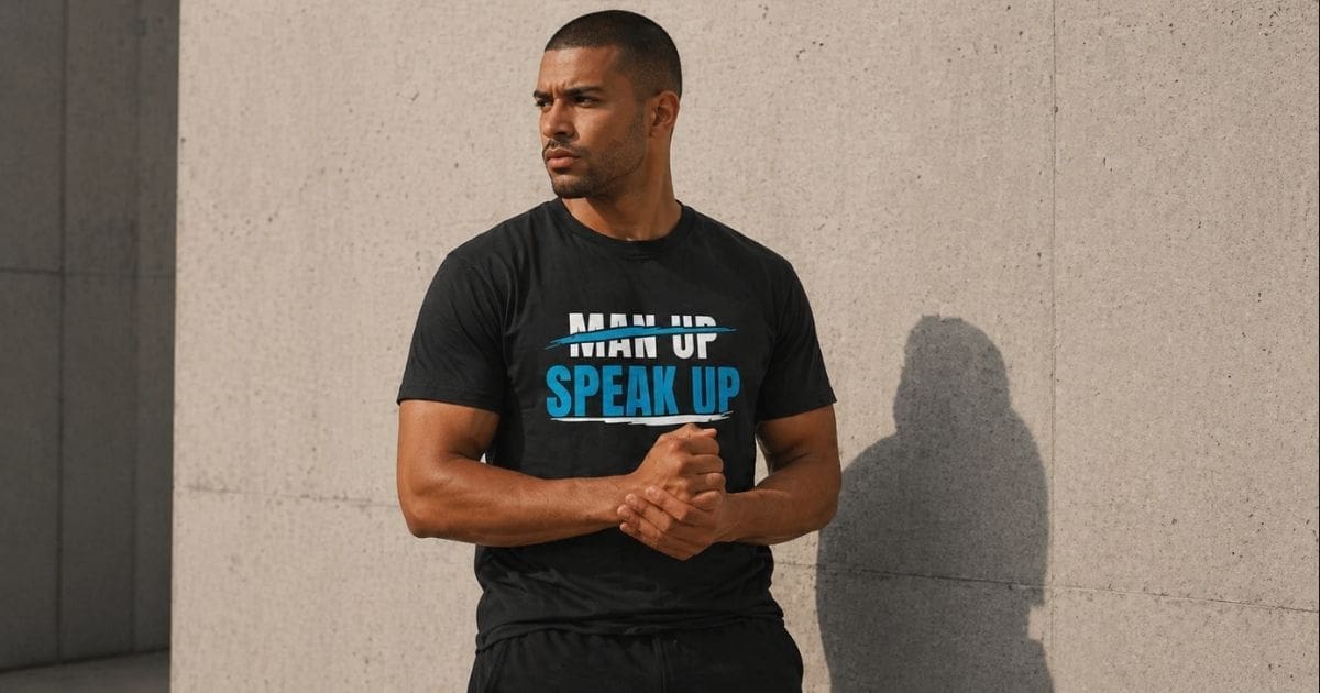 Man wearing 'Speak Up' slogan T-shirt