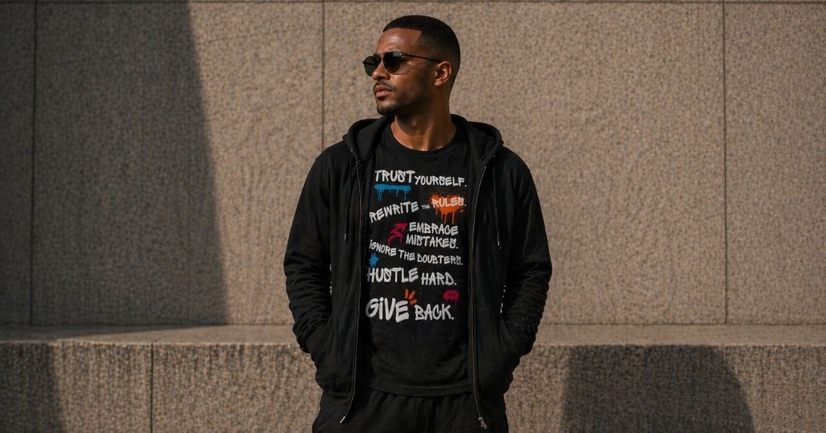 Man in sunglasses wearing motivational slogan T-shirt