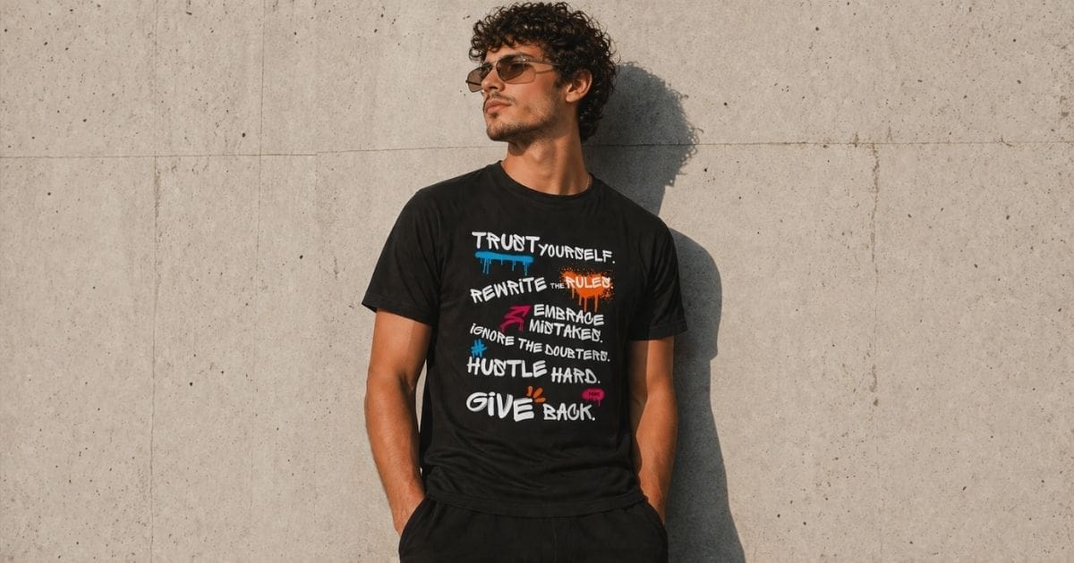 Man in sunglasses wearing motivational slogan T-shirt