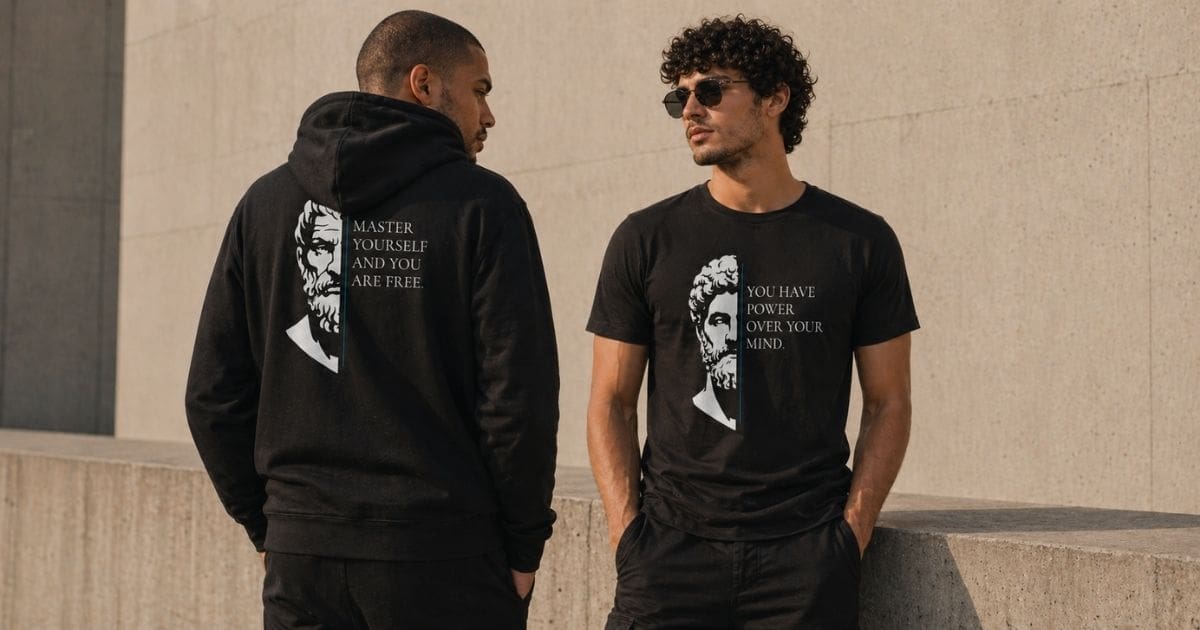 Two men wearing black Stoic quote clothing