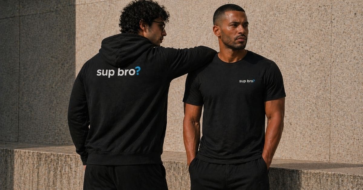 Two men wearing 'sup bro?' black outfits