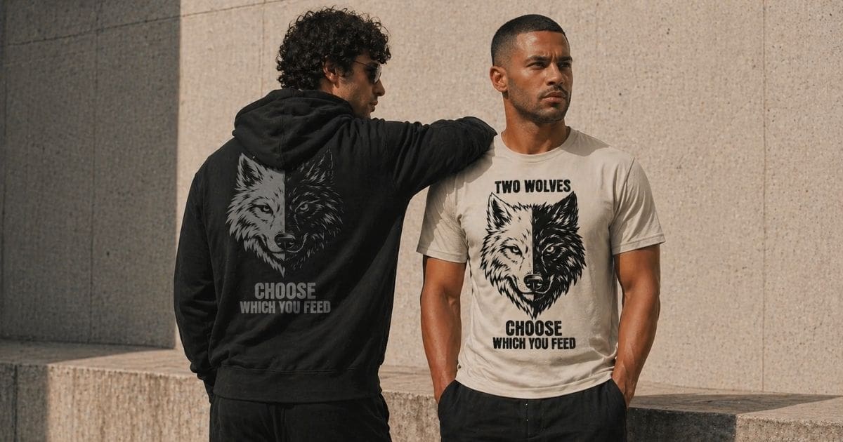 Two men wearing wolf graphic slogan clothing