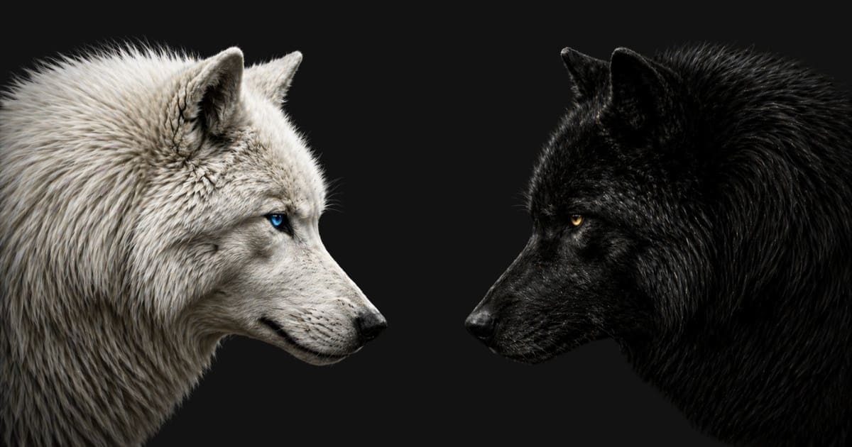 White and black wolves facing each other