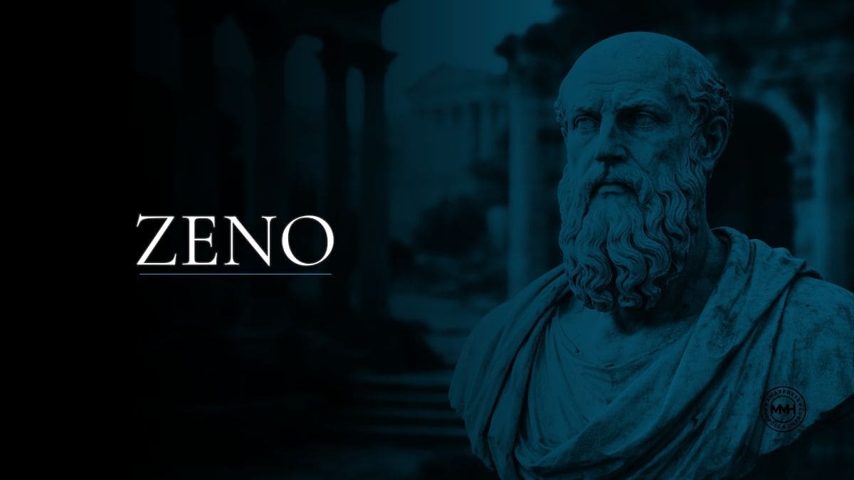 Bust of philosopher Zeno with ancient ruins