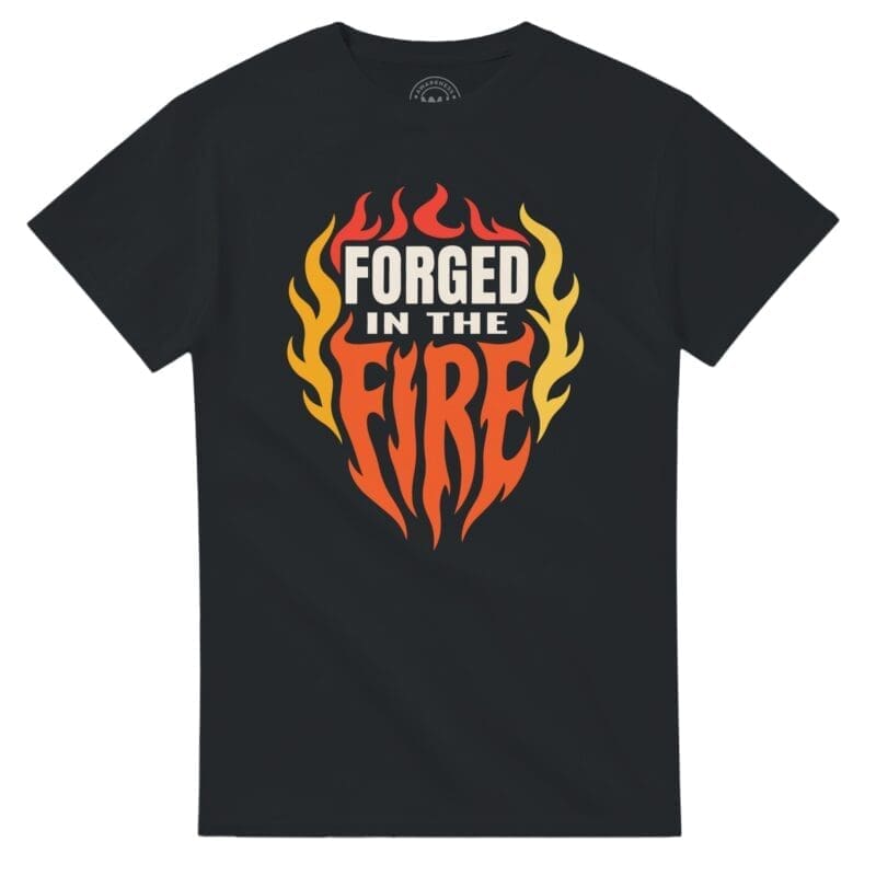 Black T-shirt with 'Forged in the Fire' flames