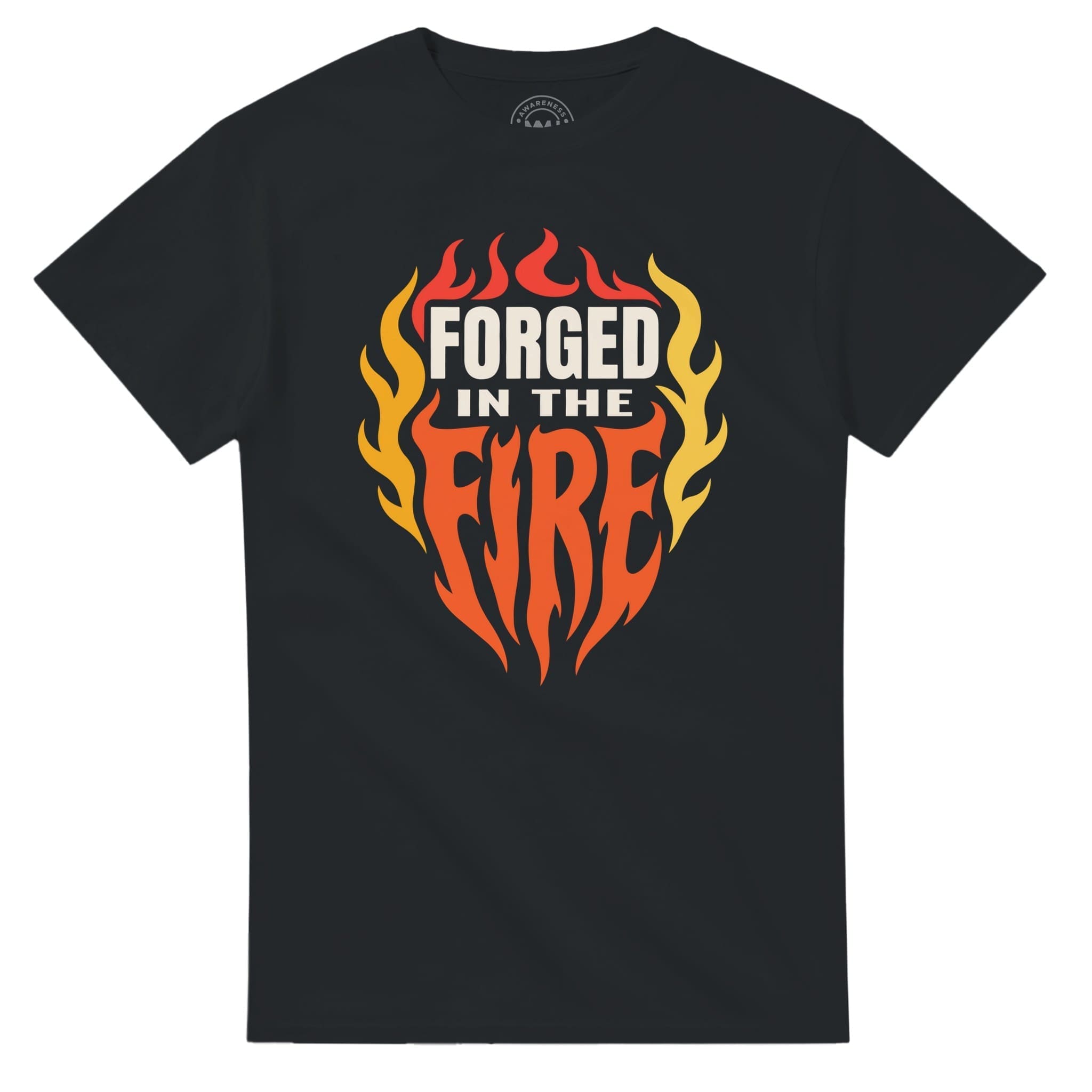 Black T-shirt with 'Forged in the Fire' flames