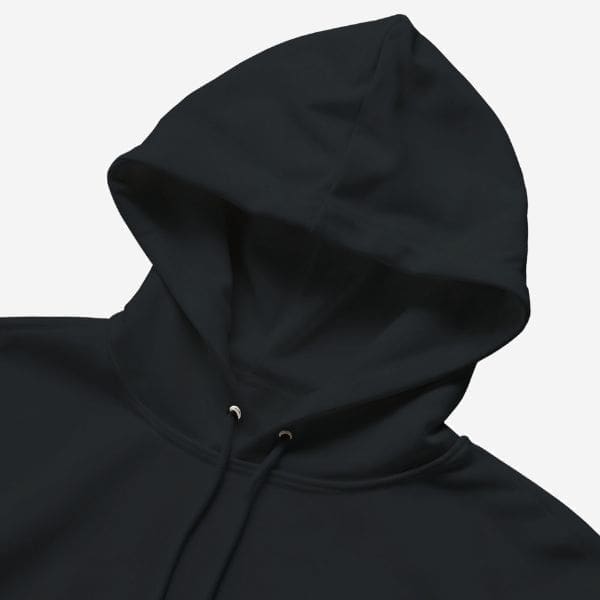 Black hoodie with hood up on plain background
