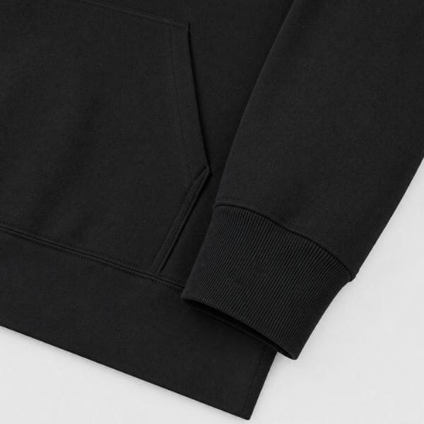 Close-up of black hoodie sleeve and pocket