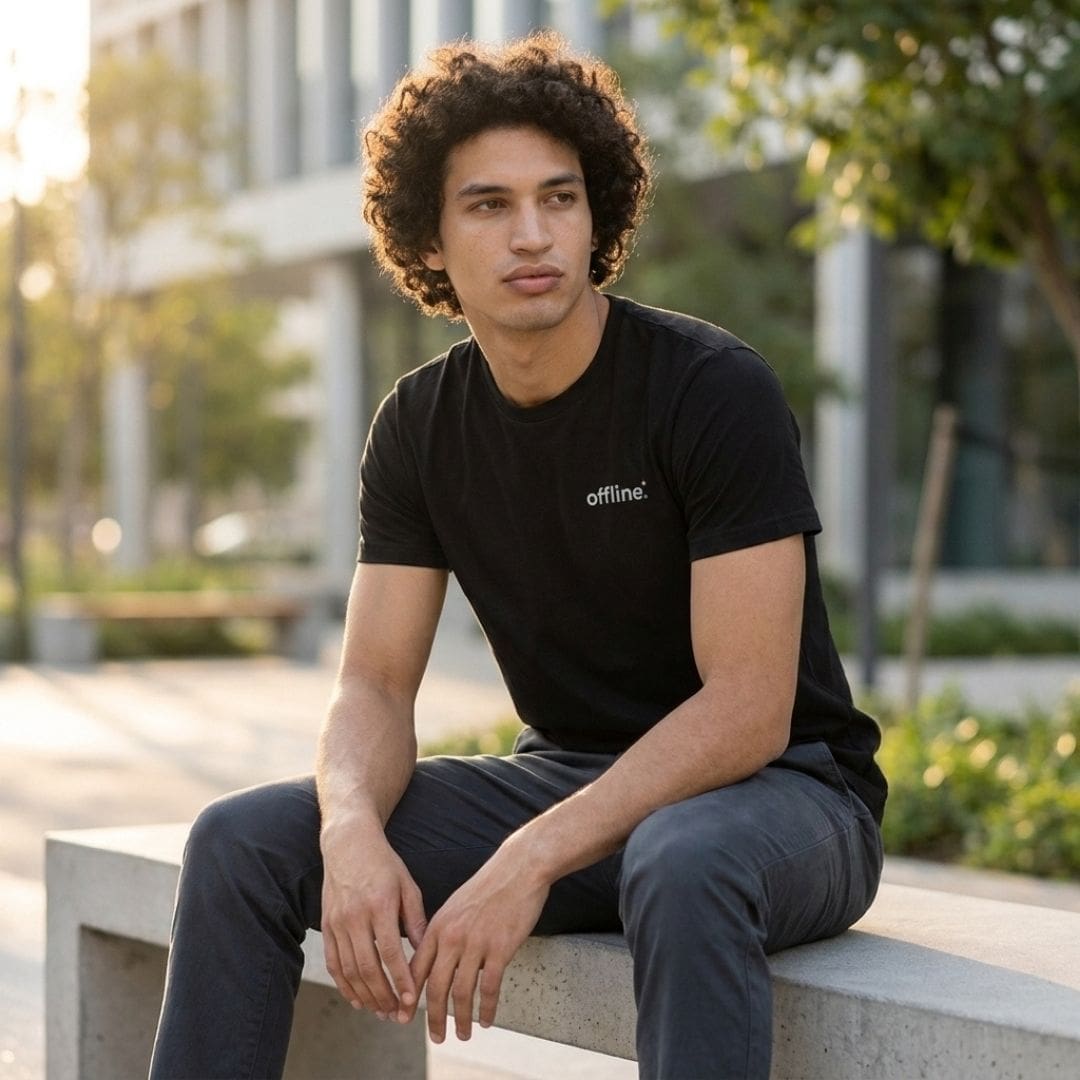 Man in black T-shirt sitting outdoors
