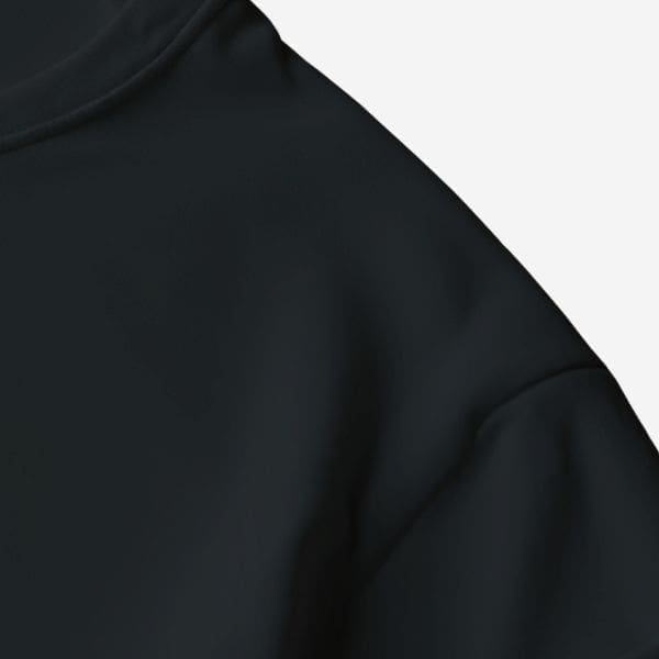 Close-up of dark navy sweatshirt shoulder detail