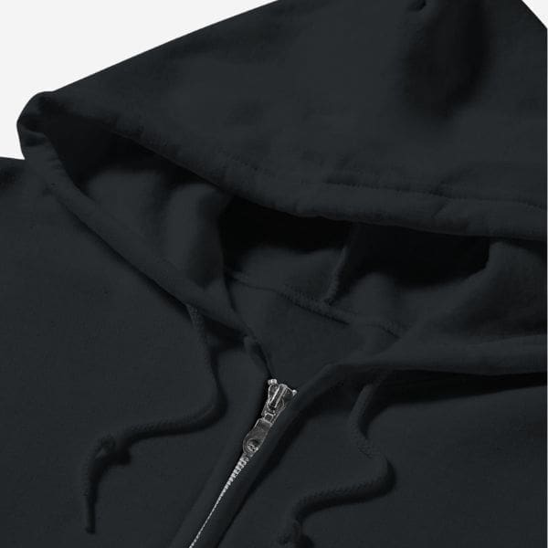 zip-hoodie-drawstrings Close-up of black zip-up hoodie