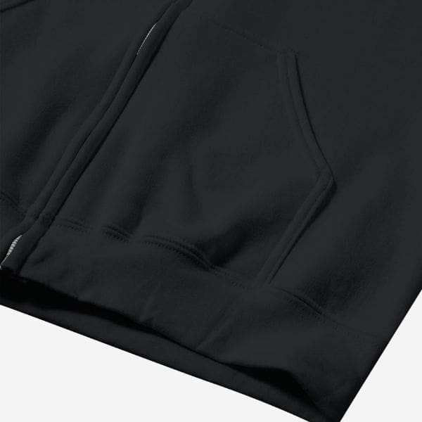zip-hoodie-pockets Close-up of black hoodie pocket and hem