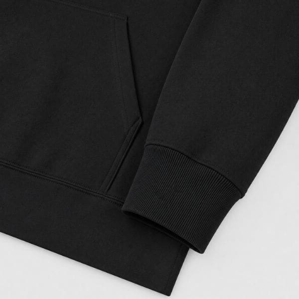 zip-hoodie-ribbed-cuffs Close-up of black hoodie sleeve and pocket
