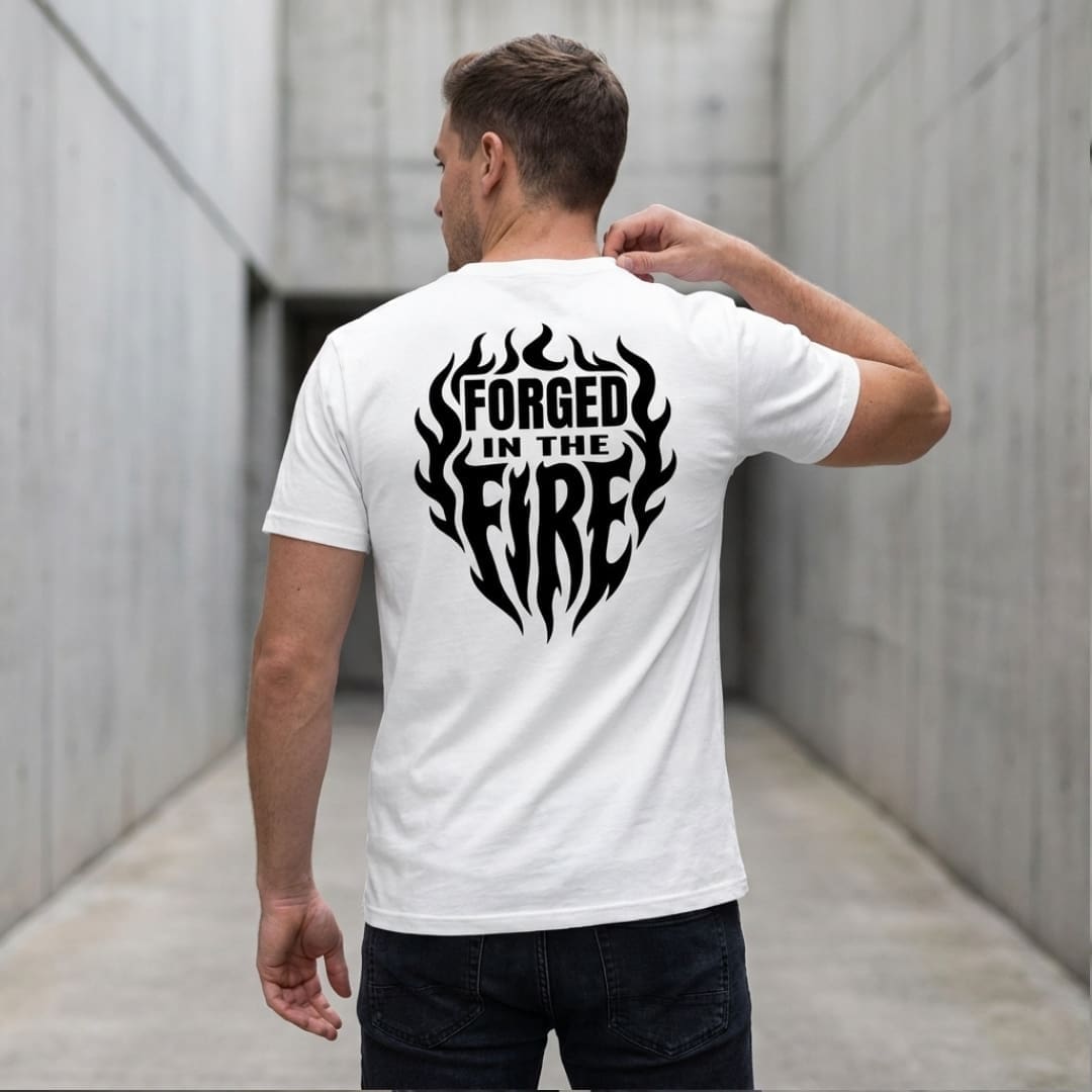 Man wearing 'Forged in the Fire' T-shirt