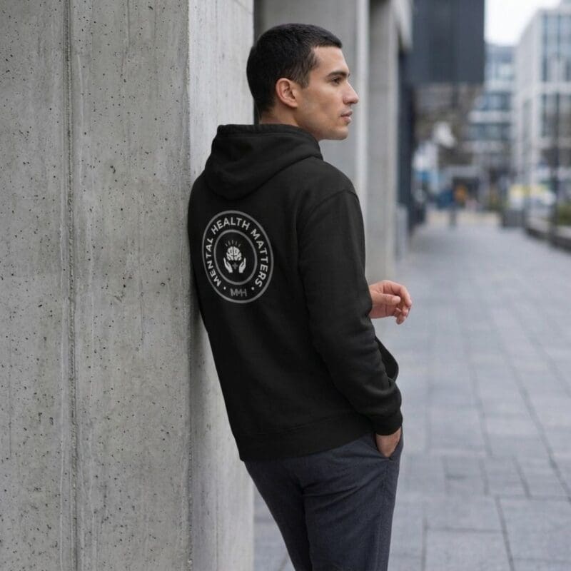 Man wearing Mental Health Matters hoodie outdoors