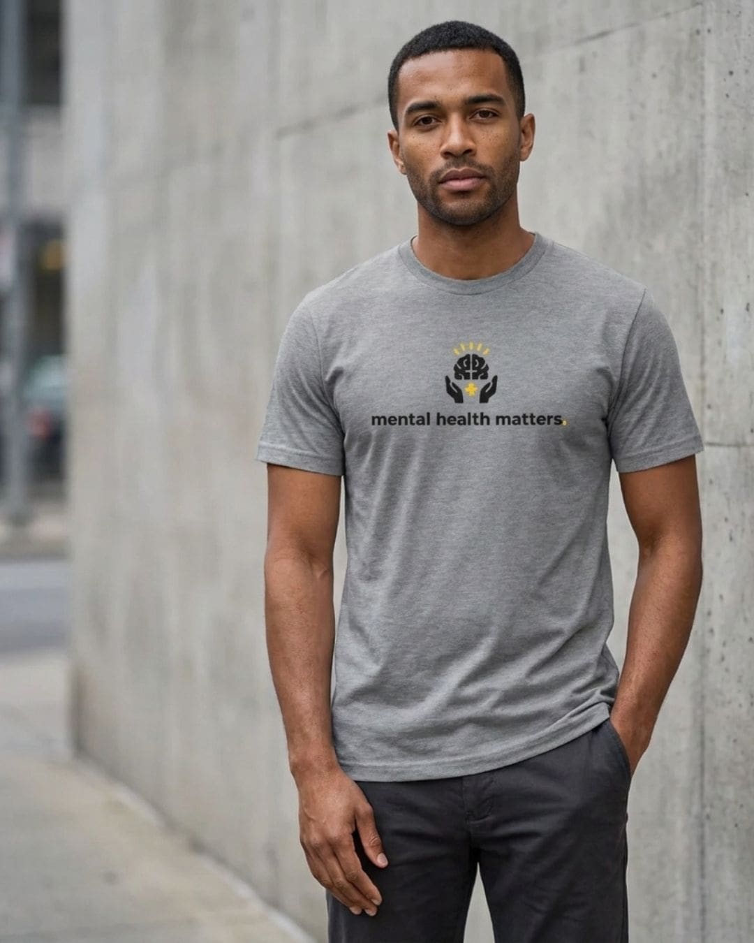 Man wearing mental health matters T-shirt