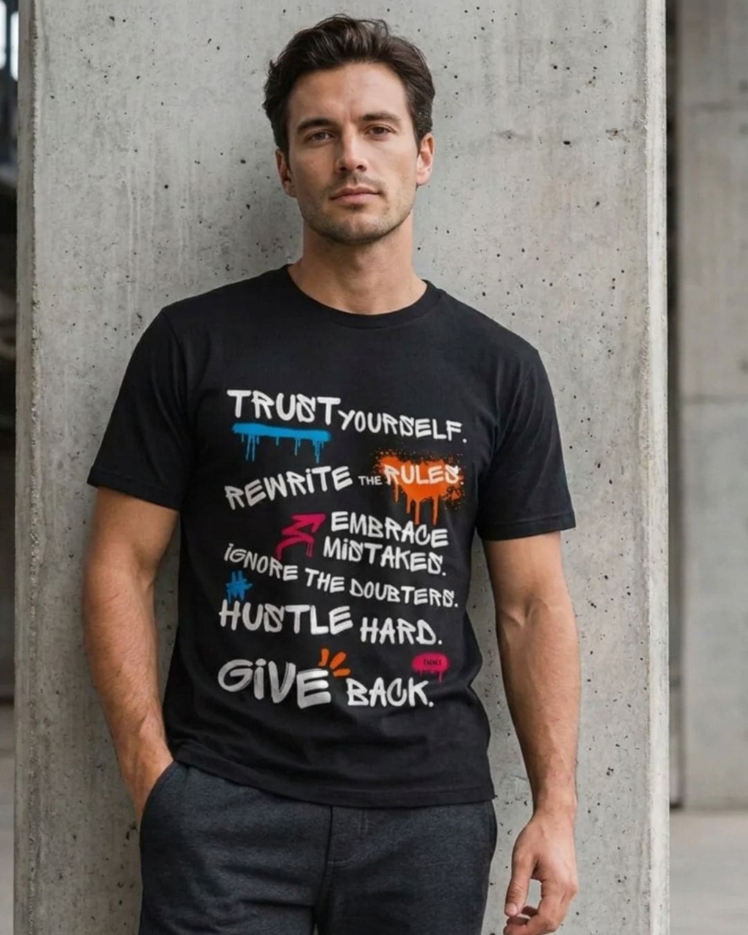 Man wearing motivational slogan T-shirt by wall