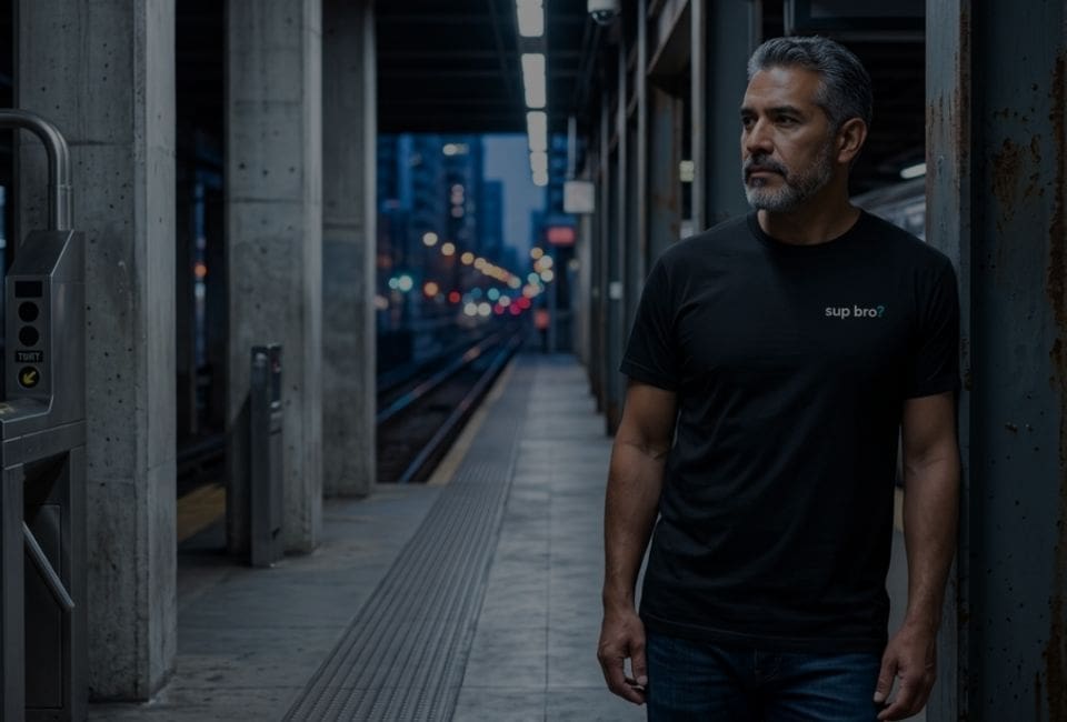 Man waiting on dimly lit train platform