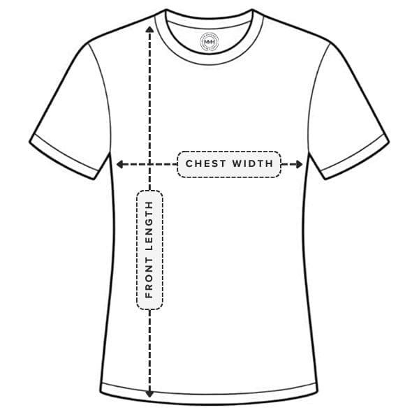 Mid-tier unisex T-shirt measurement guide showing half-chest width and body length