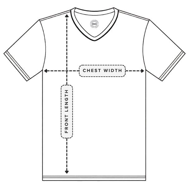 Unisex V-neck T-shirt measurement guide showing chest width and body length