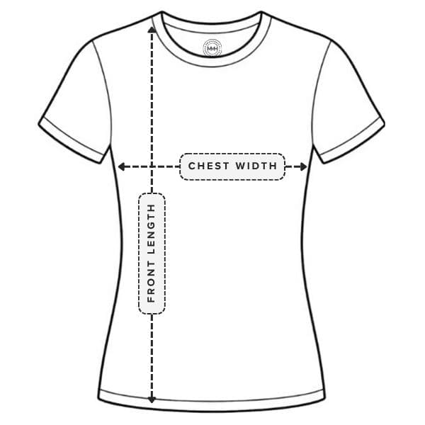 Women's fitted T-shirt measurement guide showing chest width and body length
