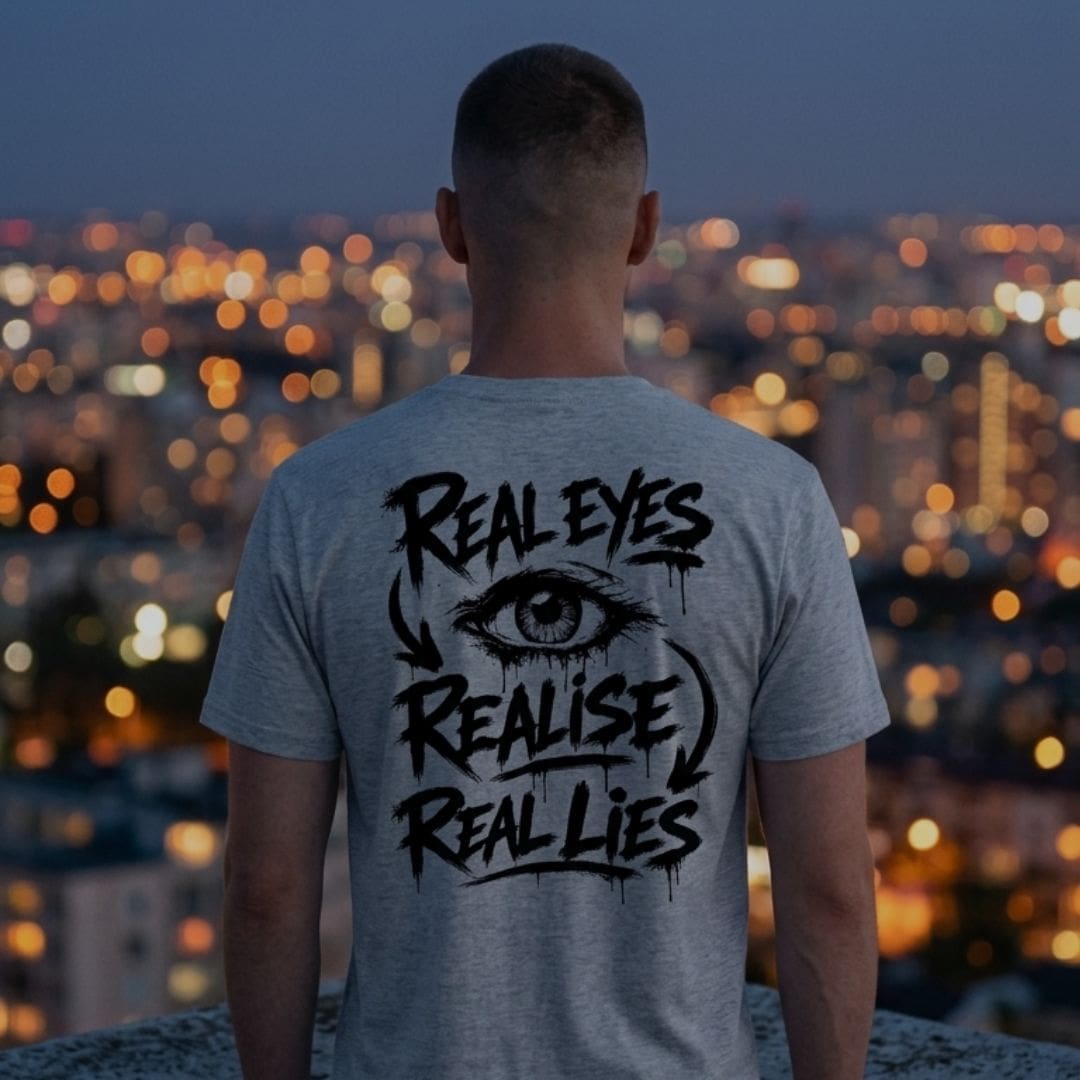 real eyes realise real lies apparel Man overlooking city wearing 'Real Eyes Realise Real Lies' T-shirt