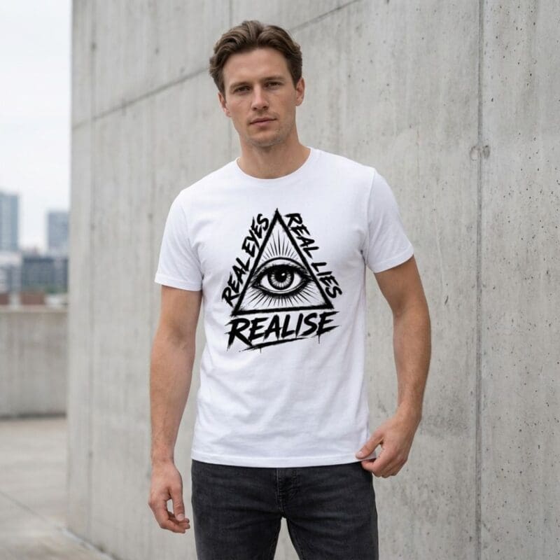Male model wearing a white Real Eyes Realise Real Lies triangle eye graphic T-shirt beside a concrete wall.