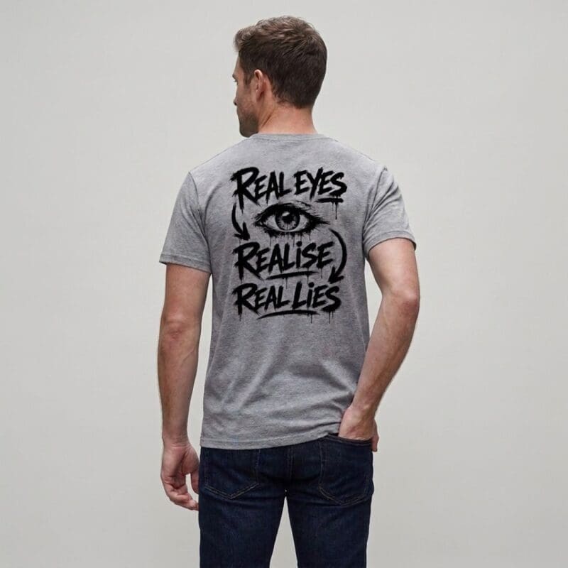 Man wearing grey T-shirt with eye graphic slogan