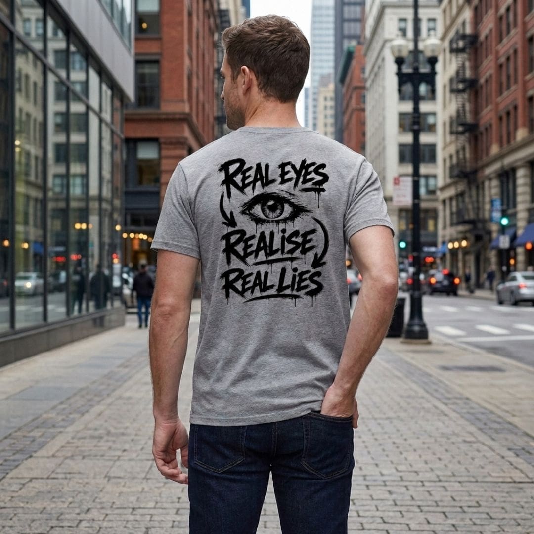 real eyes realise real lies grey t shirt urban Man wearing 'Real Eyes Realise Real Lies' T-shirt