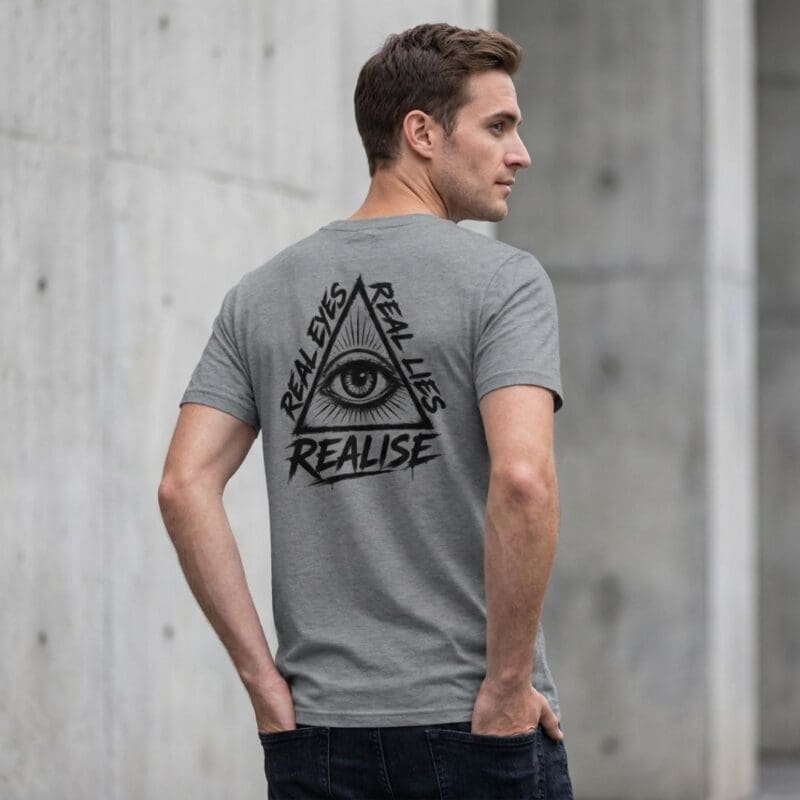 Man wearing grey T-shirt with eye graphic slogan
