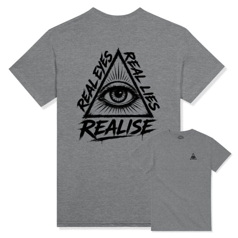 Sport grey Real Eyes Realise Real Lies graphic T-shirt featuring a large triangle eye back print and subtle front chest symbol.