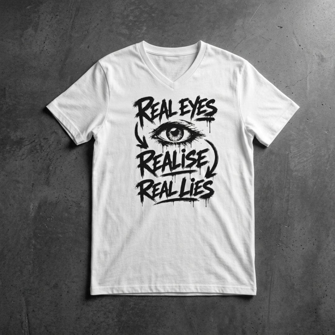 real eyes realise real lies v neck White T-shirt with eye and slogan design