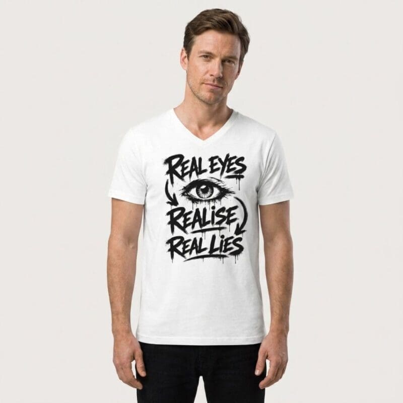 Man wearing 'Real Eyes Realise Real Lies' T-shirt