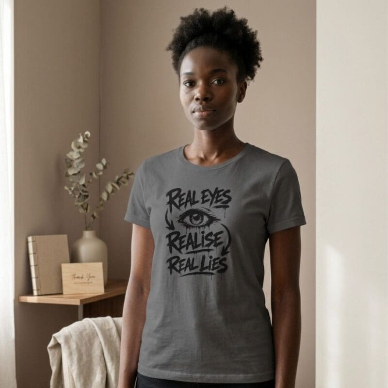 Woman wearing grey Real Eyes Realise Real Lies T-shirt