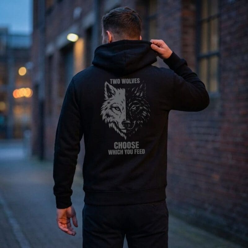Man wearing wolf graphic hoodie in urban alleyway