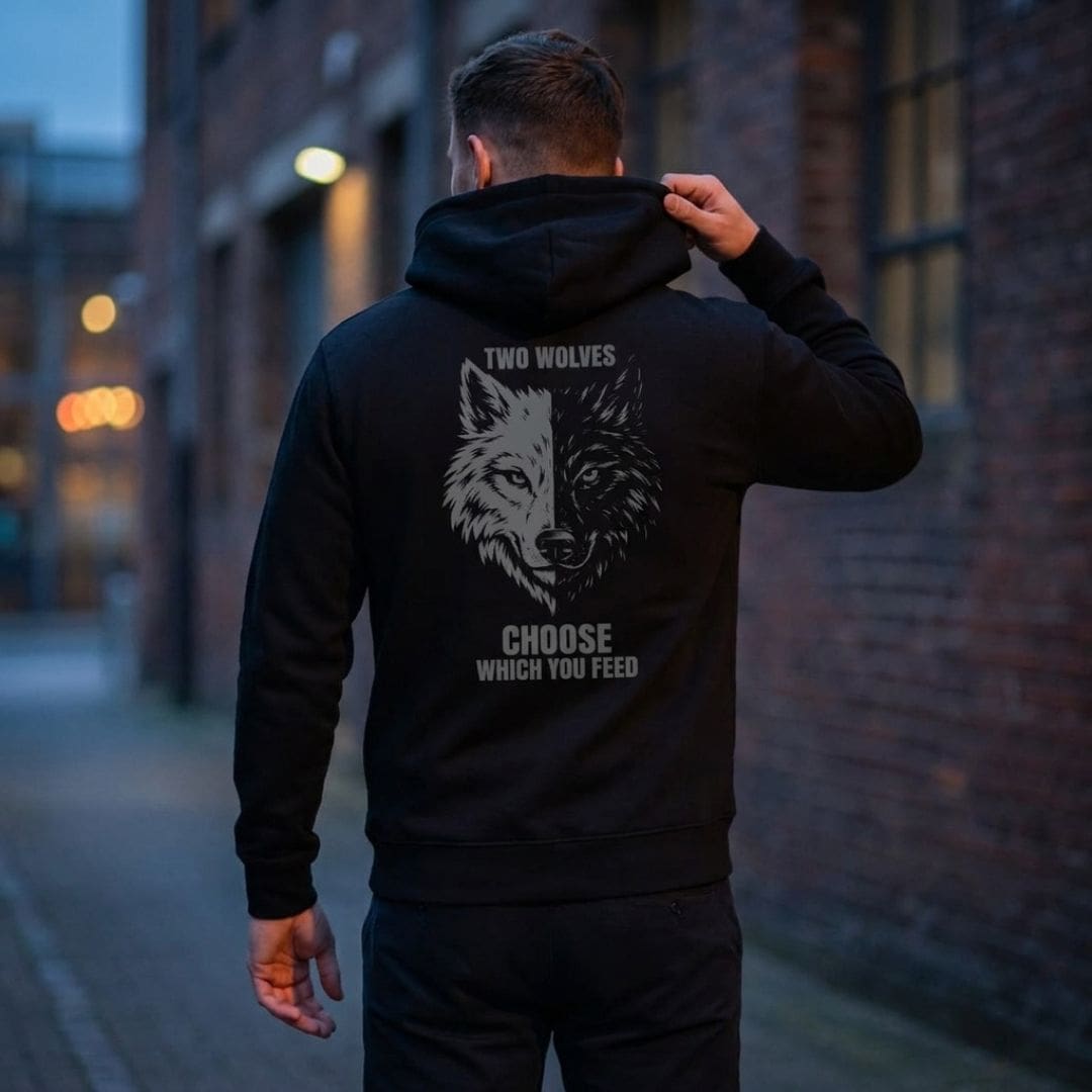 two wolves graphic hoodie back Man wearing wolf graphic hoodie in urban alleyway